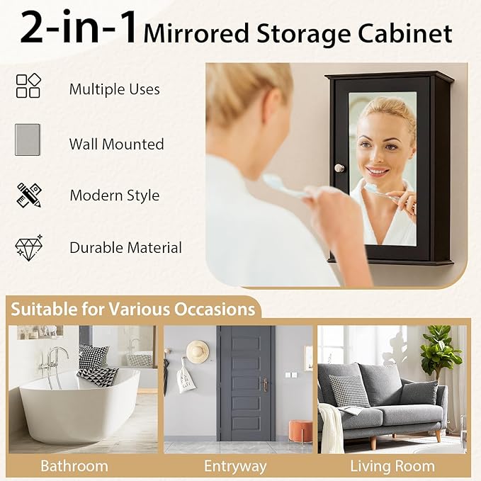 Tangkula Bathroom Medicine Cabinet with Mirror, Wall Mounted Single Mirror Door Storage Cabinet w/Adjustable Shelf, Wall Cabinet w/Reversible Door for Bathroom Living Room Hallway (Brown)