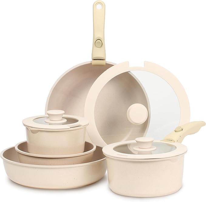 ESLITE LIFE Nonstick Cookware Sets with Detachable Handle,Ceramic Coating Pots and Pans Set Kitchen Cooking Set, Compatible with All Stovetops, PTFE & PFOA Free, Black, 10 Pcs Set