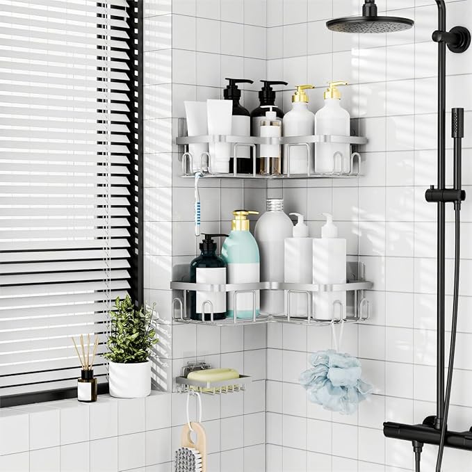 Moforoco Corner Shower Caddy Shelf Organizer Rack, Self Adhesive Black Bathroom Shelves Basket, Home Shower Inside Organization and Storage Decor Rv Accessories, First Apartment Essentials(Silver)