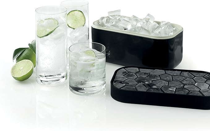 Lékué Ice Box | White | Ice Cube Tray For Freezer With Lid & Bin | Made With 100 Percent Platinum Silicone | Elegant And Retro Style Ice Cubes | For Cocktails, Ice Tea & Coffee And More |