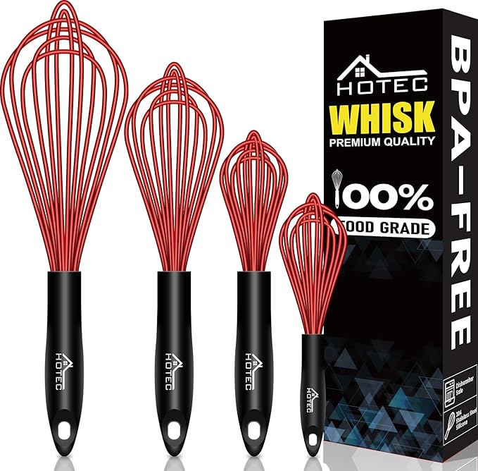 HOTEC 4 Pieces Silicone Whisks Set, Wire Balloon Whisks for cooking Egg Beater, Non-slip Handle Whisk for Non-stick Cookware Perfect for Cooking, Stirring, Beating and Blending,Multicolor