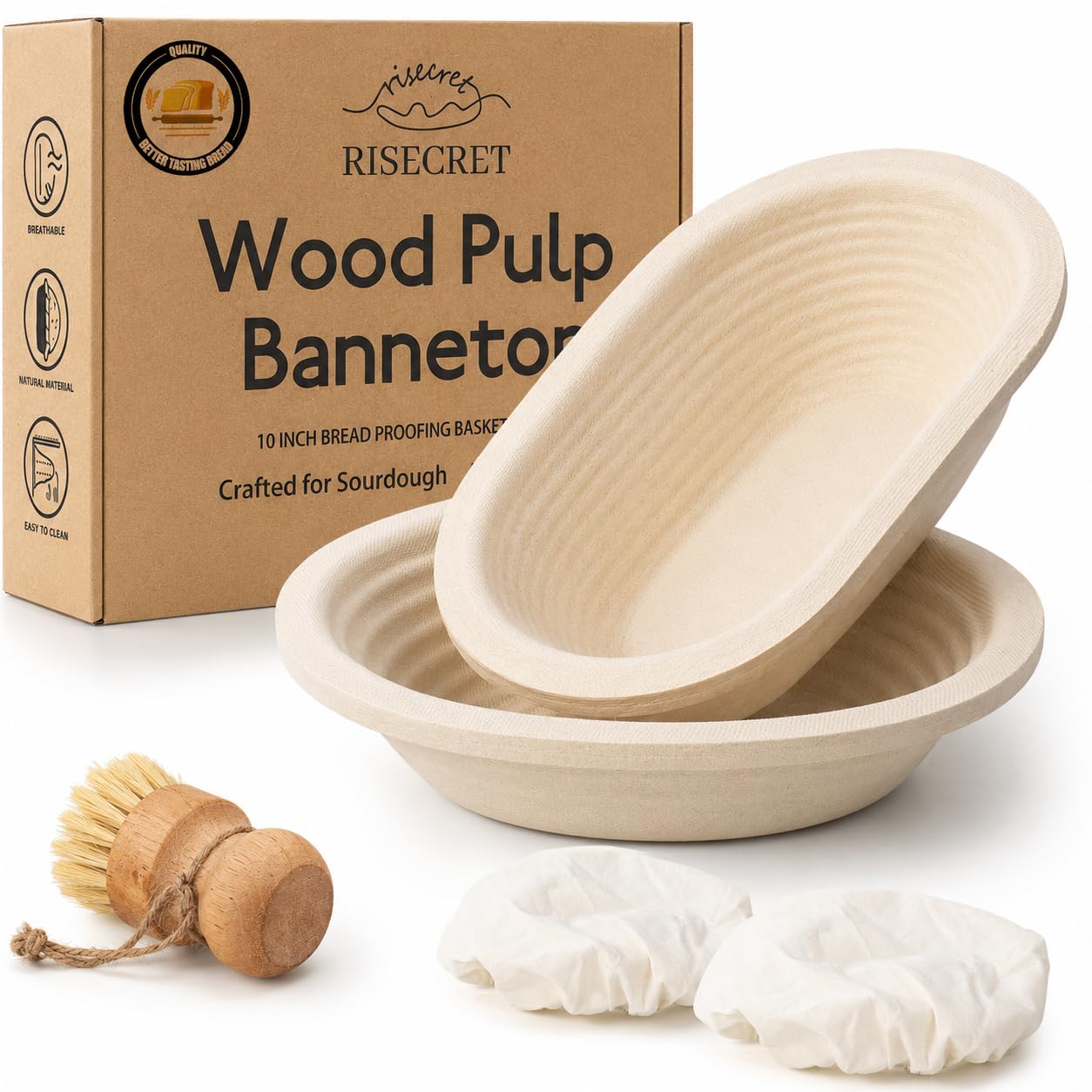 Non-Stick 10" Oval Wood Pulp Banneton Bread Proofing Basket Set Of 2, Sourdough Banneton Basket Set, Bread Making Tool Brotform Sourdough Bread Baking Supplies