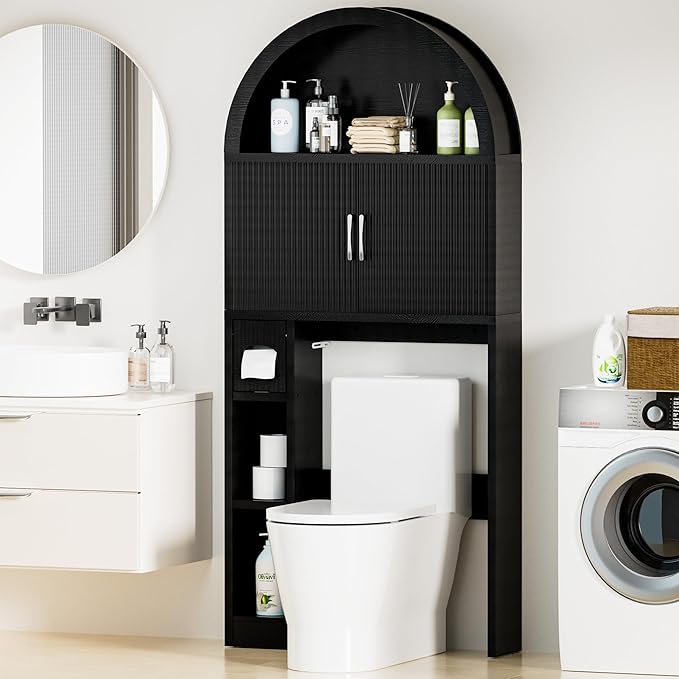 Spurgehom Over The Toilet Storage Cabinet, Bathroom Shelf Organizer Freestanding, Bathroom Arch Cabinet Over Toilet with Toilet Paper Holder and Anti-Tipping Device, Black