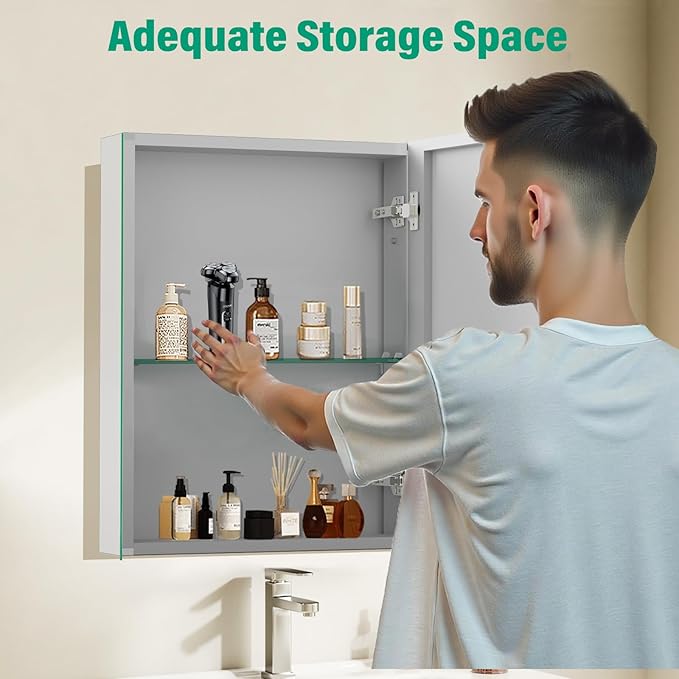 14 x 18 in Medicine Cabinet Mirror,Bathroom Mirror Cabinet with Adjustable Shelves, Aluminum Silver Medicine Cabinets for Bathroom,Vanity Decor,Wall Mounted or Recessed