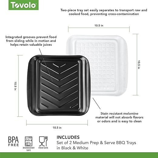 Tovolo Square Grill Prep Tray BBQ Serving Trays for Outdoor Grilling Burgers Veggies Steak, Food Grade Dishwasher Safe Non Slip Nesting Black White 10.5 in Grill Trays for Bringing in and Out Meat