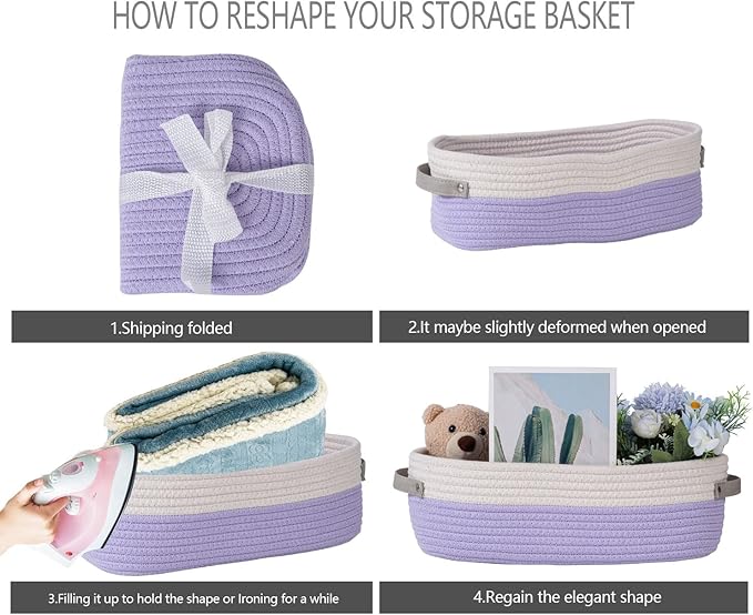 Cotton Rope Woven Basket Toilet Paper Organizer - Decorative Storage Basket for Boho Decor - 13"x5.9"x4" Purple