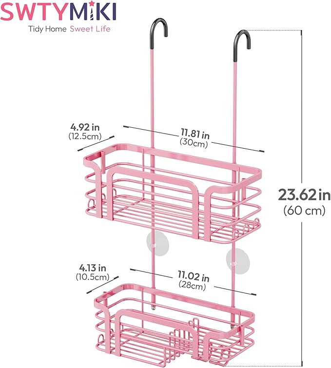 SWTYMIKI Shower Caddy Hanging Organizer - Over the Door Shower Caddy with Soap Holder, 11 Hooks, 2 Installation Ways, Stainless Steel Rustproof Bathroom Organizer, Pink