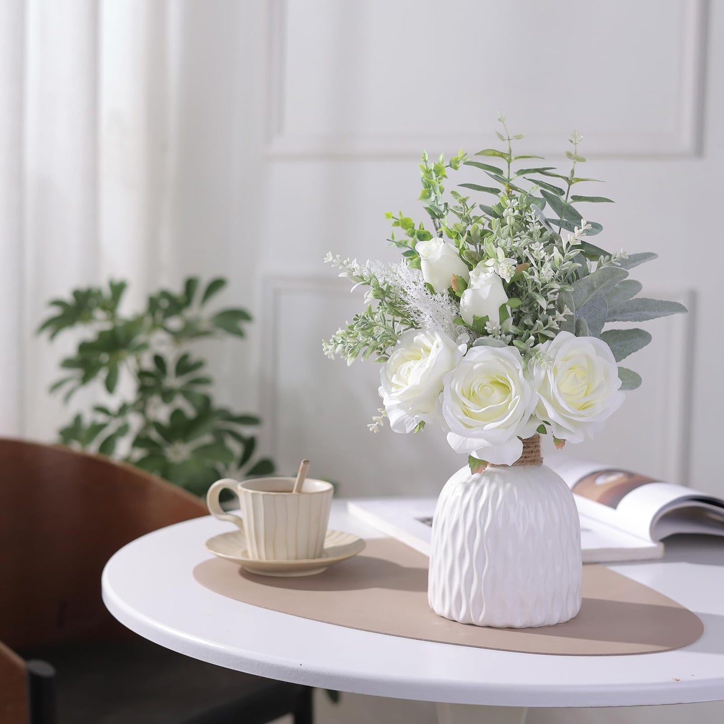 FOTEEWL Artificial Flowers with Ceramic Vase,Faux Silk Roses and Fake Plant Eucalyptus in Vase for Centerpiece Table Decorations, Living Room,Dining Table,Fireplace,Office,Farmhouse,Home Decor(White)