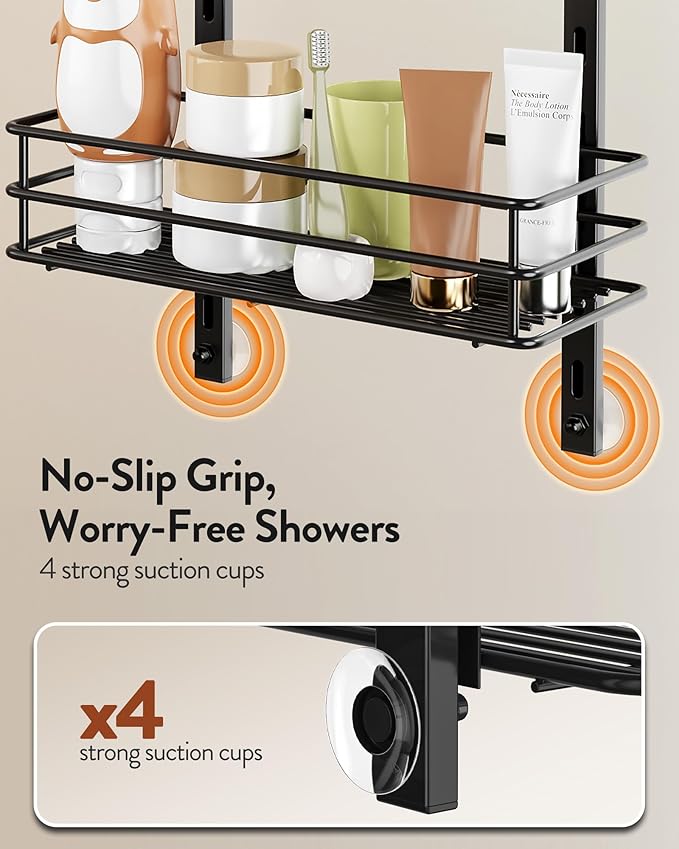 Orimade Over the Door Shower Caddy Adjustable 5 Tier Black,Bathroom Hanging Organizer Shelf Rustproof with 4 Hooks,Shower Basket with Soap Holder and Suction Cup