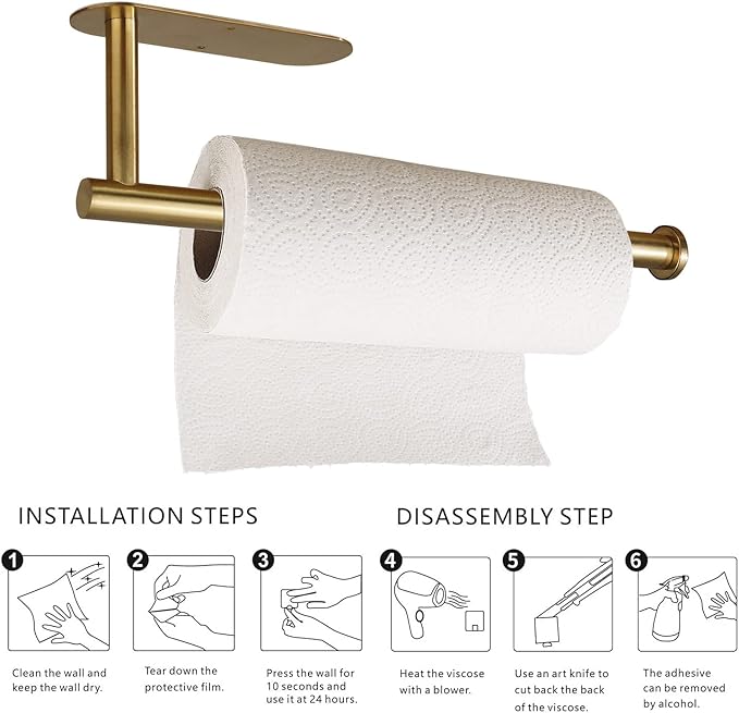 Paper Towels Rolls Holders- for Kitchen,Paper Towels Bulk- Self-Adhesive Under Cabinet,Both Available in Adhesive and Screws,Stainless Steel Paper Towel Holder(Gold)