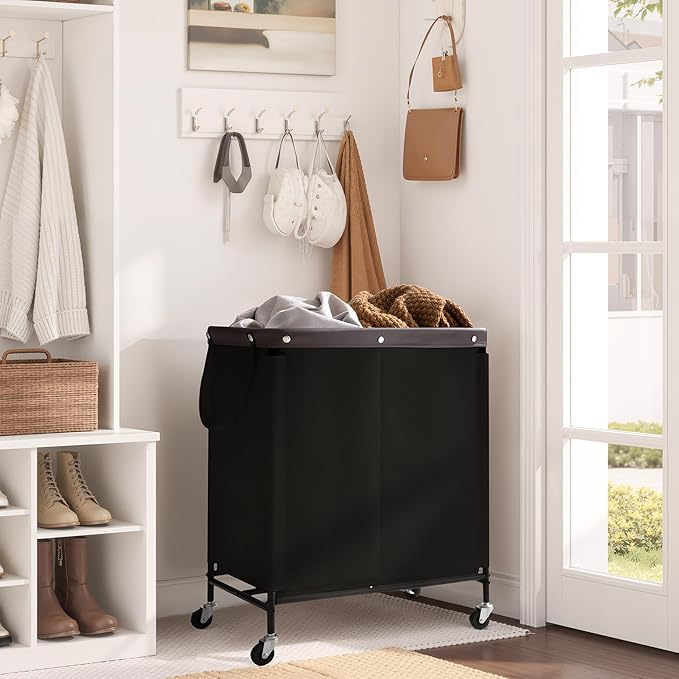 StorageWorks 2 Section Laundry Hamper, Rolling Laundry Cart with Wheels and Handles, Laundry Room Double Sorter for Organizer and Storage, 26.4 Gal(100L), Black