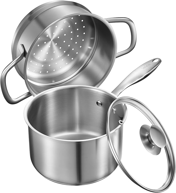 VEVOR 1.5 QT Saucepan with Steamer, Stainless Steel Saucepan with Glass Lid, Multipurpose Nonstick Stainless Steel Sauce Pot with Ergonomic Handle, Friendly for Oven, Dishwasher, Induction Cooker