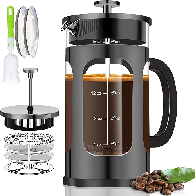 YMMIND French Press Coffee Maker (34oz 1Quart 5-6Cup) Coffee Press, with 4 Filters System, Heat Resistant Thickness Borosilicate Glass, Cold Brew Coffee Tea Pot Gifts (Bright Black)