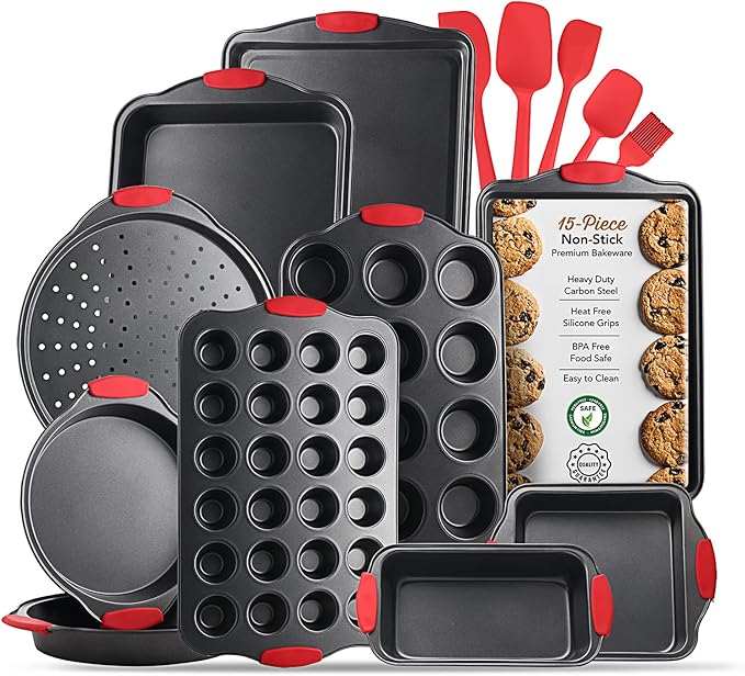 Eatex Nonstick Baking Sheet Set, 3-Piece Baking Pans Set with Silicone Handles, Carbon Steel Cookie Sheets for Baking, Commercial Grade Quality Oven Tray, Quarter/Jelly Roll/Half Sheet Pans for Baking