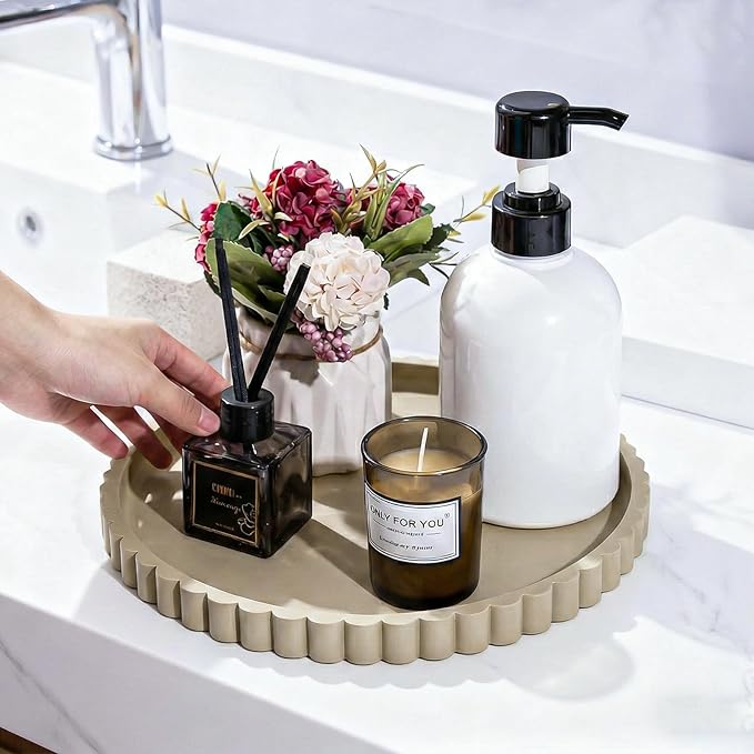 Silicone Bathroom Countertop and Vanity Tray, Round Silicone Bathroom Tray, Modern Bathroom Decor, Coffee Table Decor, Decorative Tray for Candle, Perfume, Plants (Khaki, 9 inch)