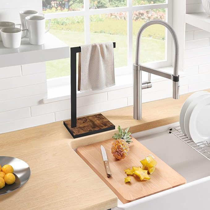 Hand Towel Holder for Bathroom, Hand Towel Stand with Wood Base, L-Shape Hand Towel Rack Height 13.85'' for Vanity Countertop, Kitchen Counter, (Rustic Brown-Square Base-L Shape)