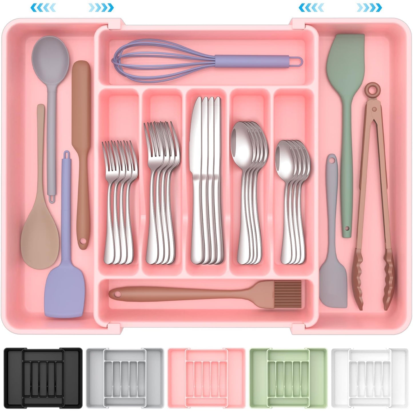 ukeetap Extra Large Expandable Silverware Organizer, Flatware Tray, Pink
