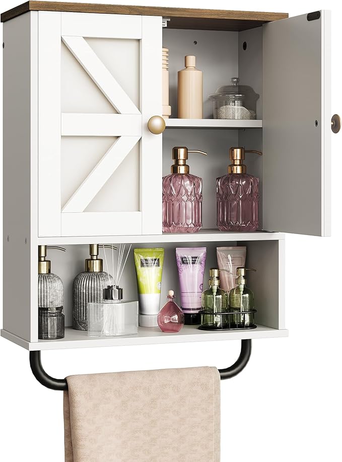Bathroom Wall Cabinet, Medicine Cabinet with Open Partition and Towel Bar, Rustic Storage Cabinet with Open and Hidden Storage Space, for Bathroom, Living Room, Kitchen, White and Walnut