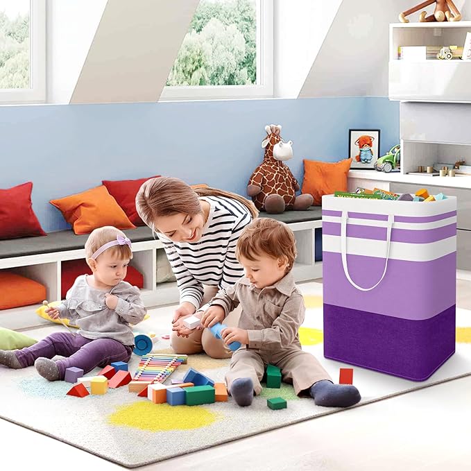 StorageRight Large Collapsible Laundry Basket Hamper with Easy Carry Handles,Freestanding Clothes Hampers for Laundry, Bedroom, Dorm, Towels, Toys, 75L, Purple