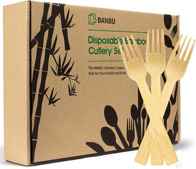BANBU Bamboo Utensils Disposable- 100 PK Bamboo Forks Disposable 100% Compostable Biodegradable Renewable Natural Cutlery Fork 6.7" for Travelling Camping
