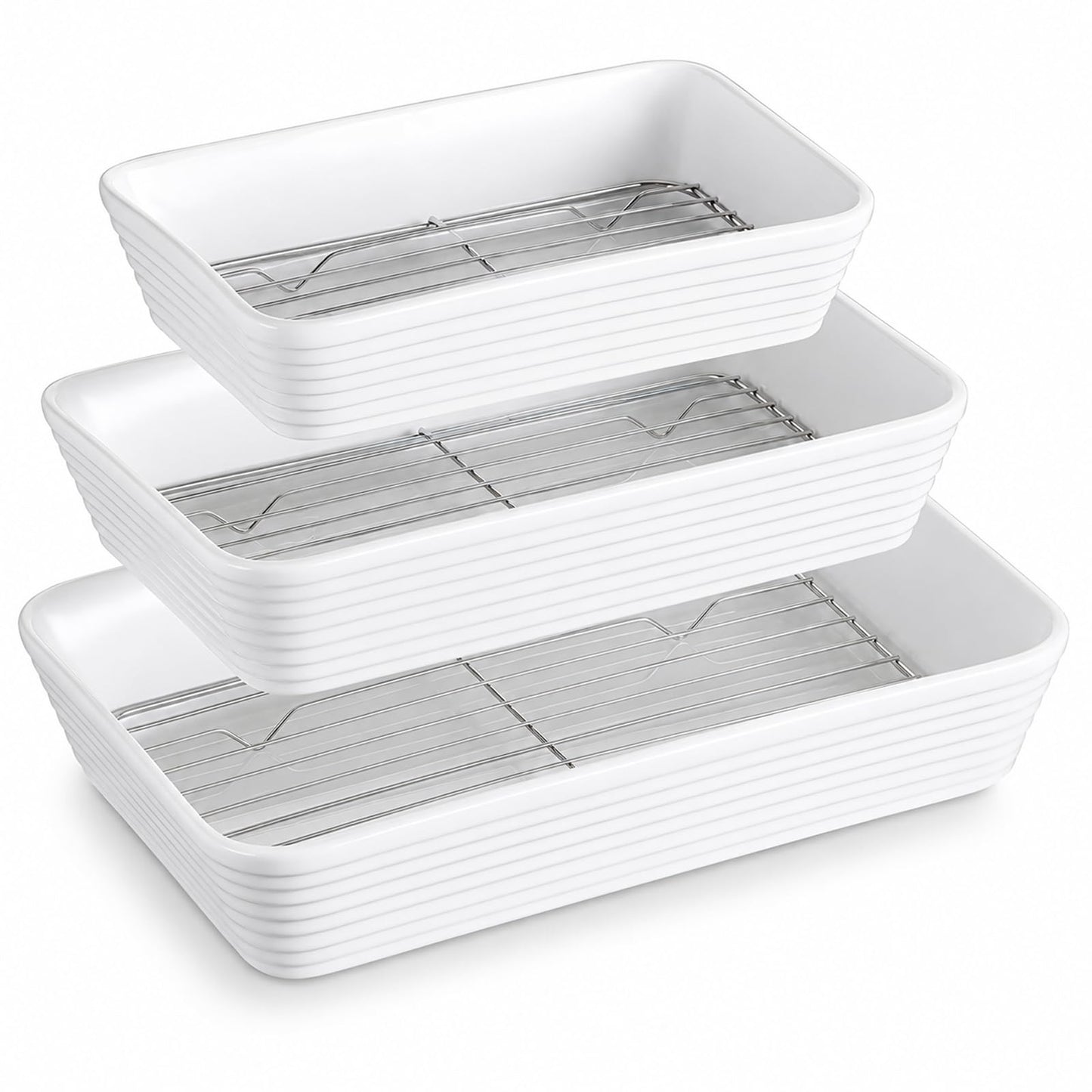 ONEMORE Baking Dishes for Oven, 9x13 Large Casserole Dishes for Oven with Roasting Racks, Rectangular Ceramic Baking Dish Set of 3 for Cooking & Serving, Deep Dish Lasagna Pan (3QT/2.1QT/1.3QT)