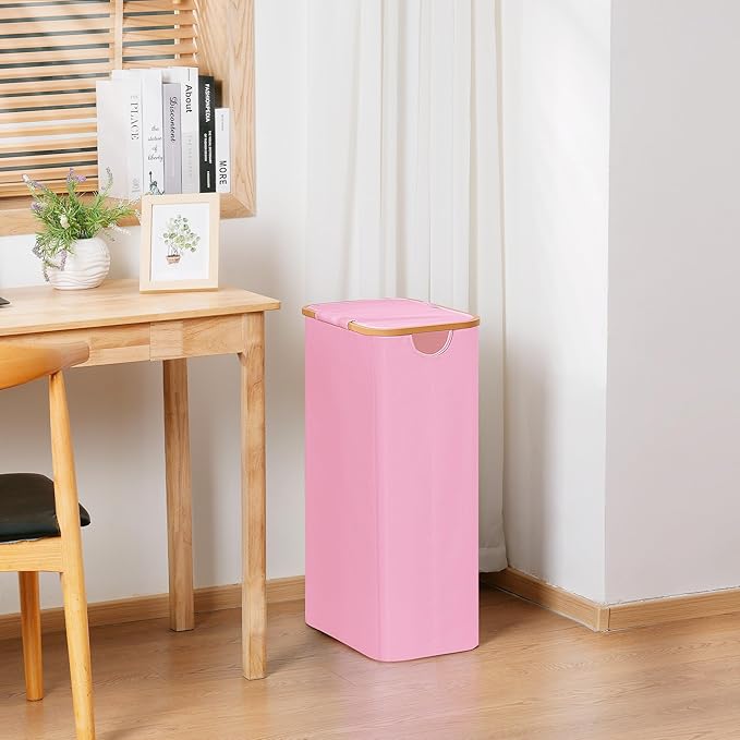 Slim Laundry Basket with Lid, Narrow Dirty Clothes Hampers for Laundry with Handle, Skinny Laundry Bin for Laundry Room, Dorm, Bedroom and Bathroom, 19.8 Gallon (75L) Pink
