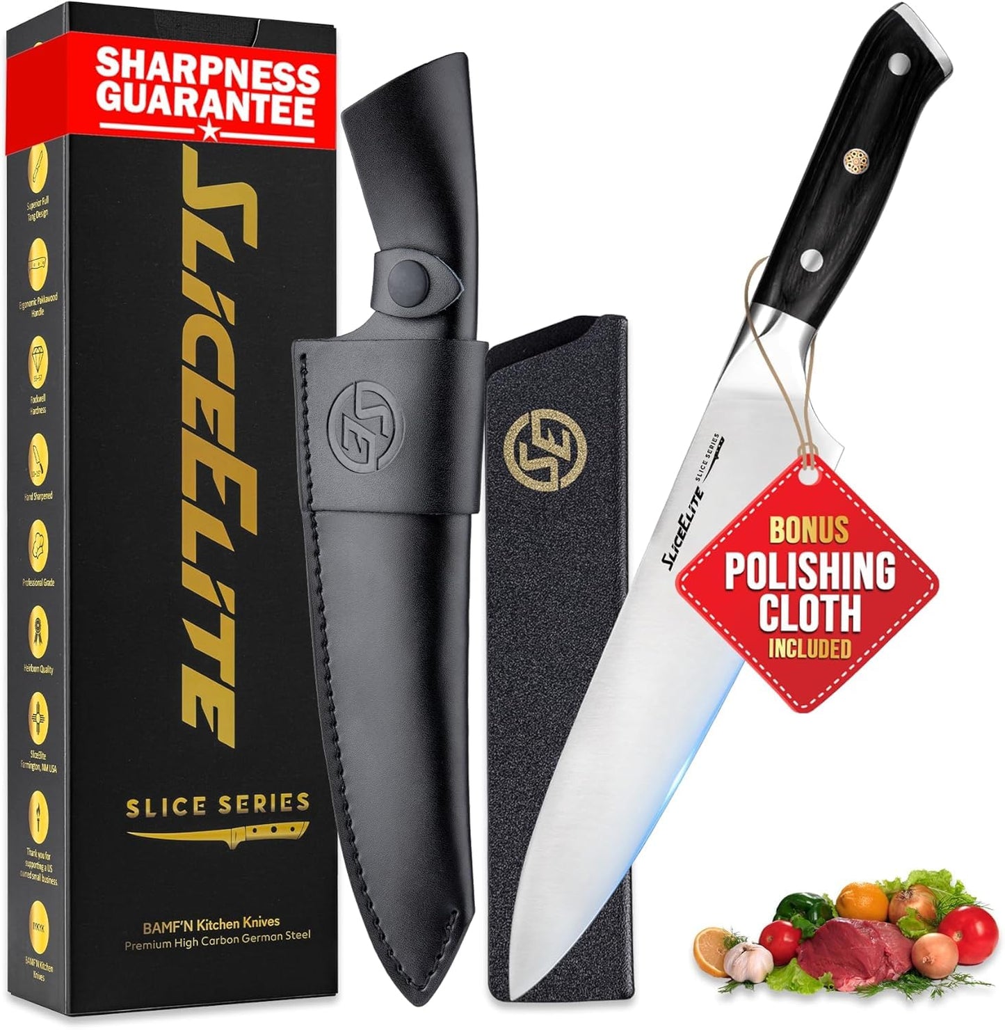 SliceElite Slice Series 8 Inch Carving Knife, Pakkawood, Leather Sheath