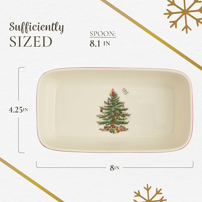 Spode Christmas Tree Tartan Rectangle Server with Slotted Spoon - Set of 2