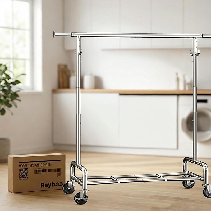 Raybee Heavy Duty Clothes Rack 75" Extra Wide, 450 LBS Clothing Rack with 4 Hooks, Lockable Wheels, Metal Garment Rack for Bedroom, Laundry Room, Commercial