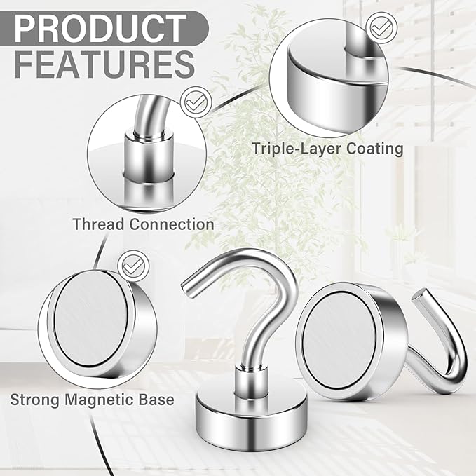 8 Pack Magnetic Hooks for Cruise Cabins, 25 LB Neodymium Magnets with Hooks, Heavy Duty Magnet Hooks for Hanging, Kitchen, Office, Towels, Curtains, Mug Holders (Silver)