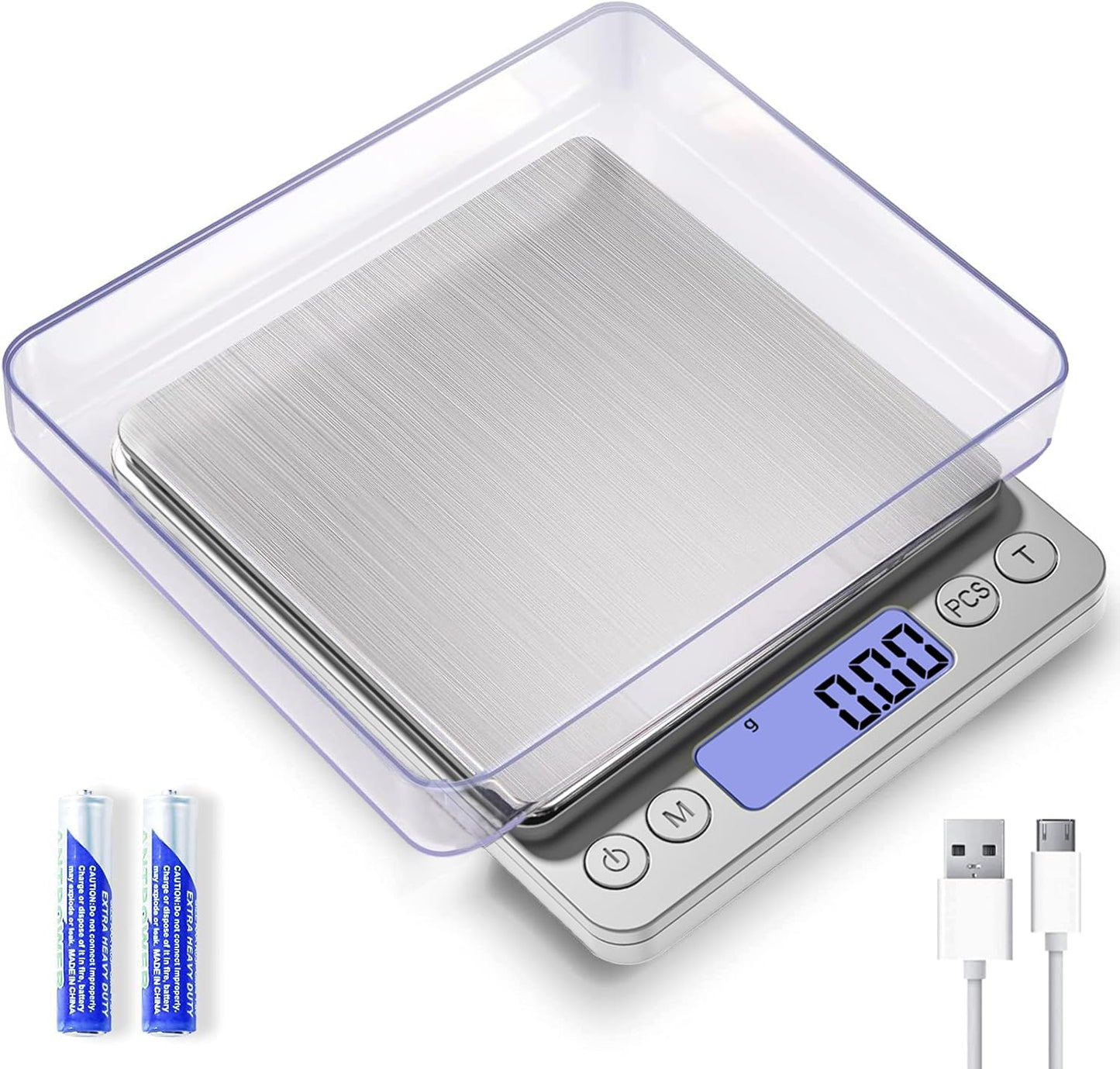 Small Digital Gram Scale 1000g by 0.01g, MEIYA High Accuracy Scale for Food Ounces and Grams, Upgrade USB Charging Kitchen Scale Digital Weight for Cooking, Baking, with Tare Function, 9 Units, 2 Tray