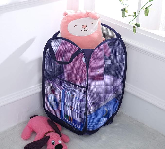 Larpur Popup Mesh Laundry Basket, Collapsible and Portable Clothes Washing Laundry Hamper with Reinforced Carry Handle (Blue*2)