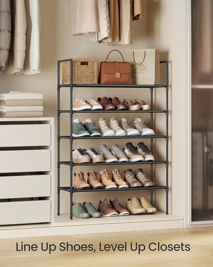 SONGMICS 5-Tier Shoe Rack, Shoe Storage for Hallway Closet, Slim and Space-Saving, Metal Frame, Non-Woven Fabric Shelves, Black ULSH045BH02