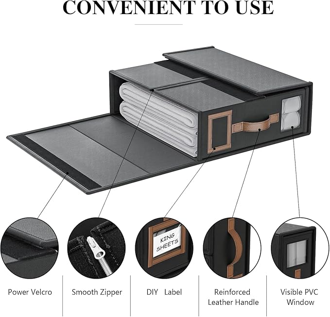 6 Pack Foldable Bed Sheets Set Organizers and Storage(King & Queen Size),Linen Fabric Closet Organizers with Window,Folding Bedding Storage Box for Bedsheets and Pillow Cube Organizer-Black