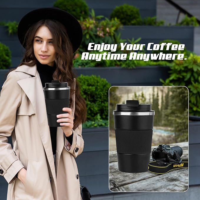Vacuum-Insulated Stainless Steel Travel Coffee Mug, Leak-Proof Reusable Coffee Cup with Lid - Keep Hot & Cold Drinks for Hours, Durable Insulated Tumbler for Men & Women(3rd-Black, 17OZ)