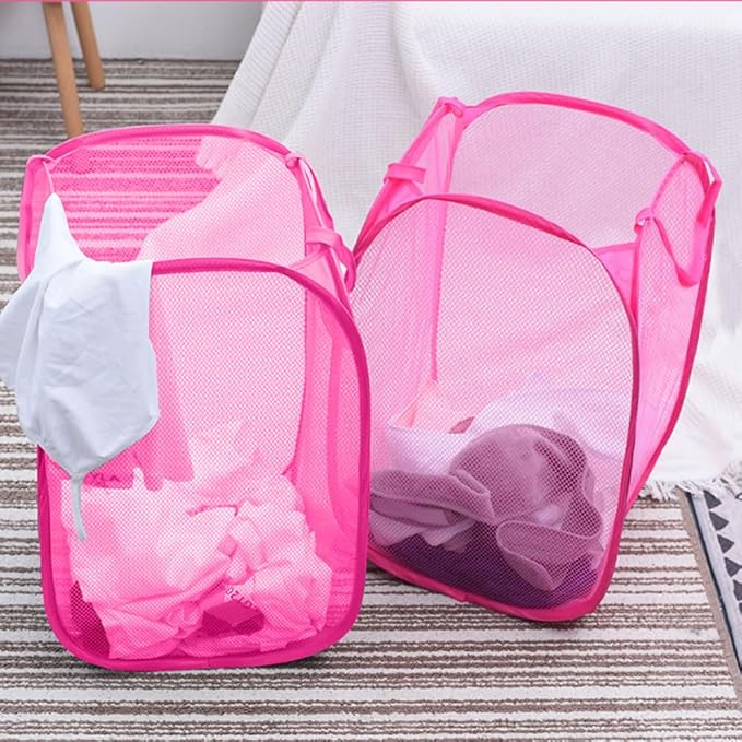 Larpur 2Pack Foldable Popup Laundry Basket, Collapsible Portable Mesh Clothes Washing Laundry Hamper with Reinforced Carry Handles (Pink)