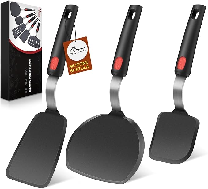 HOTEC Silicone Spatula Turner Set of 3, Heat Resistant 600°F & BPA-Free Flexible Rubber Spatulas for Nonstick Cookware, Kitchen Utensils for Flipping Eggs, Fish, Burgers, Pancakes, Cookie, Crepes