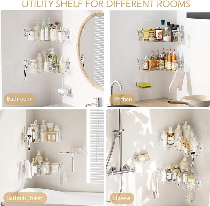 UDD Corner Shower Caddy, Clear Shower Organizer Bathroom Storage Rack with Soap Dish and Razor Holder Hook, Adhesive Wall Shower Shelves for Bathtub Dorm, 3 Pack