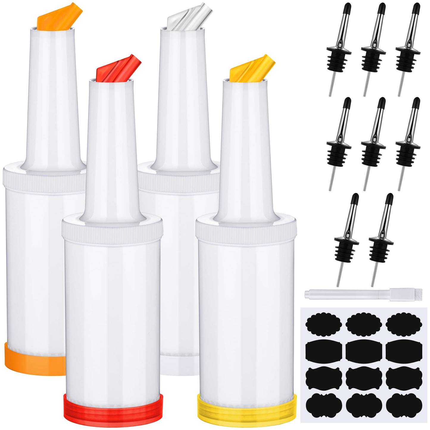 Ruisita 6 Pack 34 Oz Bar Juice Pour Bottles Plastic Bar Pour Bottles with 12 Stainless Steel Bottle Pourer Tapered Spout Fruit Juice and Liquor Containers for Bar Supplies, Multicolor