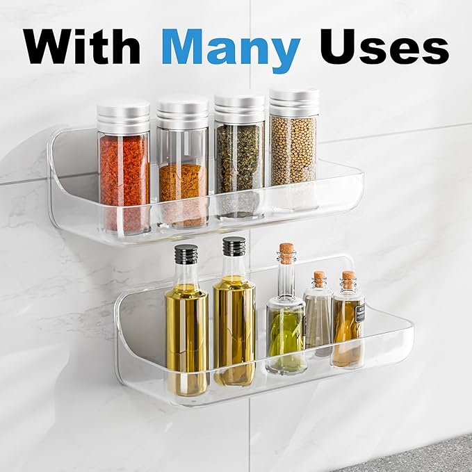 Adhesive Shower Caddy, 4 Pack Acrylic Bathroom Shelves, No Drill Wall Mount Organizer Storage Shelf