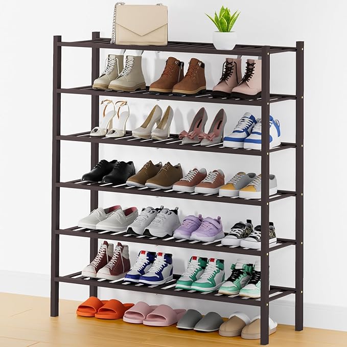 Smiry Shoe Rack, 6 Tier Thick Long Bamboo Shoe Organizer, Stackable Free Standing Wooden Shoe Storage Shelf for Closet, Entryway, Front Door Entrance, Brown