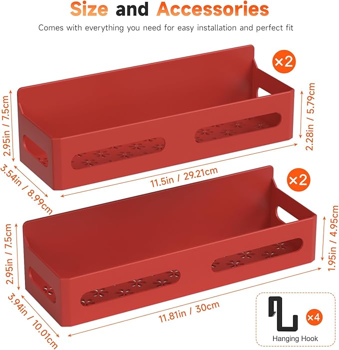 4 Pack Strong Magnetic Spice Rack for Refrigerator, Multipurpose Magnetic Shelf for Fridge with 4 Hooks for kitchen and Bathroom Organization, Red