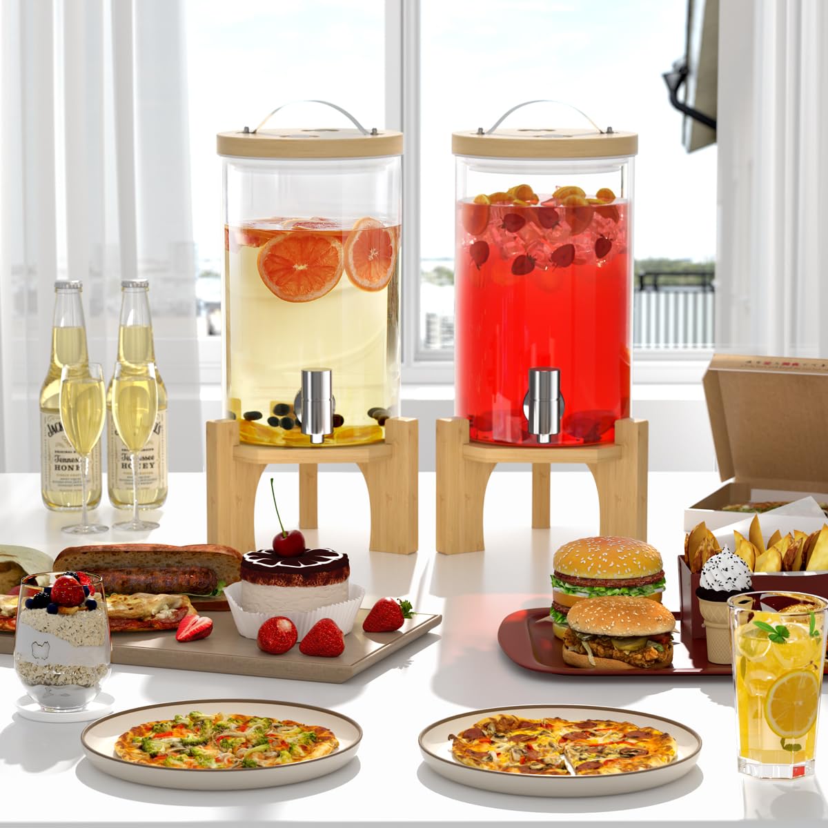 VOVUVK 1 Gallon Glass Drink Dispenser For Parties, Beverage Dispenser With Bamboo Wood Stand And Stainless Steel Spigot, Countertop Water Dispenser, Lemonade Dispenser For Wedding, Picnic (2PACK)