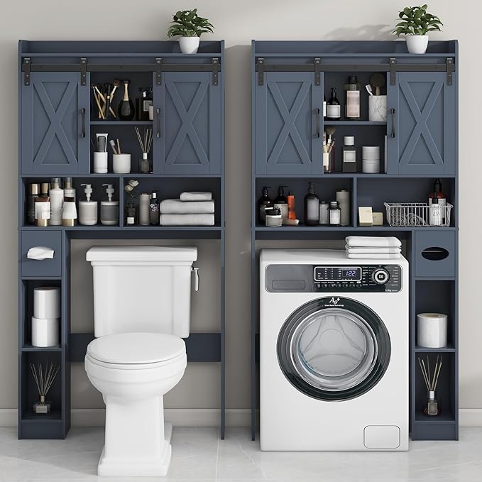 Vabches Over The Toilet Storage Cabinet, Farmhouse Storage Cabinet Over Toilet with Sliding Doors,Home Space-Saving Toilet Rack, for Bathroom, Restroom, Laundry