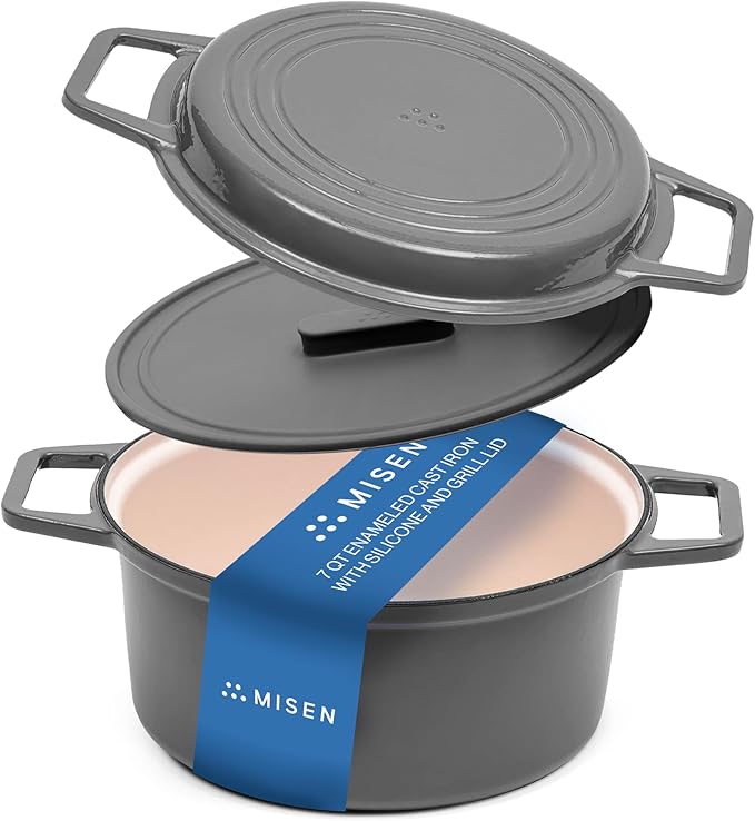 Misen 7 QT Enameled Cast Iron Dutch Oven - Chip-Resistant Enamel Coating - Thick Iron Core For Heat Retention - Large Cooking Surface - Oven Safe, Induction Compatible - Grill and Silicone Lid, Red
