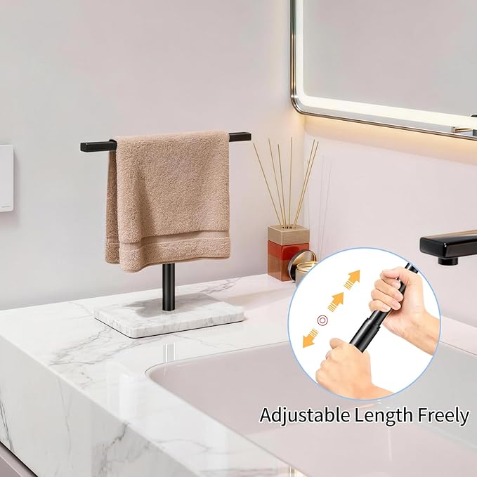Hand Towel Holder Stand, Matte Black Hand Towel Rack for Bathroom, T-Shape Towel Holder Stainless Steel for Kitchen Vanity Countertop, Marble Base Adjustable 9.06"-17.68"