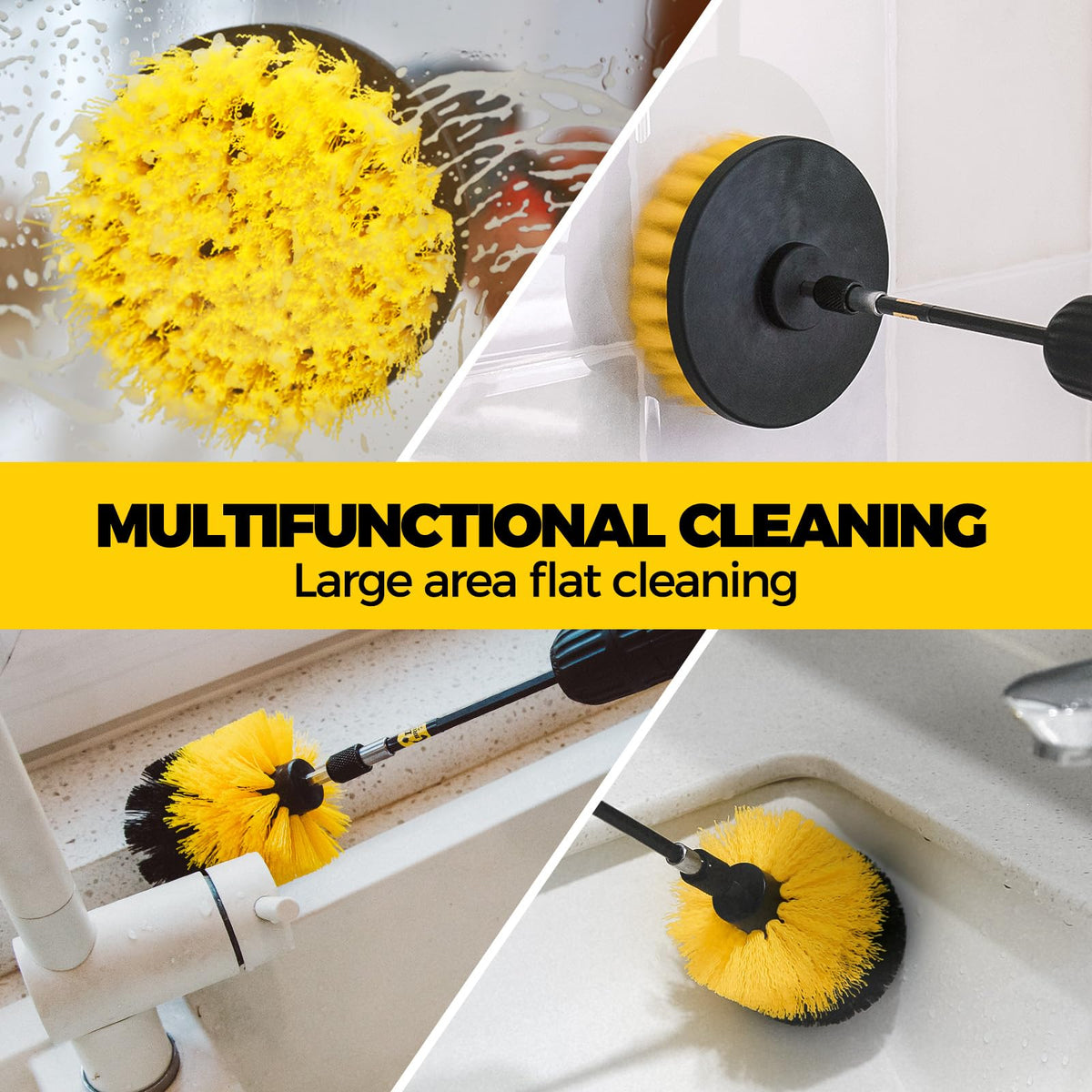 Holikme 6Pack Drill Brush Power Scrubber Cleaning Brush Extended Long Attachment Set All Purpose Drill Scrub Brushes Kit for Grout, Floor, Tub, Shower, Tile, Bathroom and Kitchen Surface,Yellow