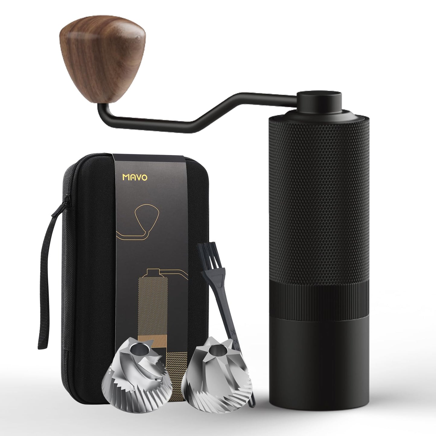 MAVO Manual Coffee Grinder, Wizard Hand Coffee Grinder, Capacity 25g with CNC Stainless Steel Pentagon Conical Burr, Adjustable Setting, Burr Coffee Bean Grinder for French Press, Pour Over, Silver