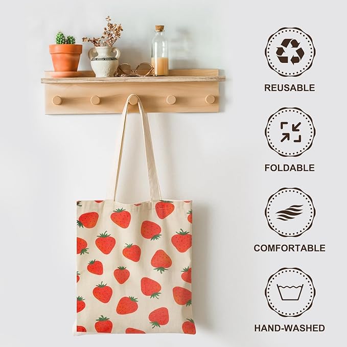MOLOVA 1-PACK Cute Strawberry Print Canvas Tote Bag, Reusable Grocery Bag with Magnetic Snap Closure & Inner Zipper Pocket, Aesthetic Gift for Women