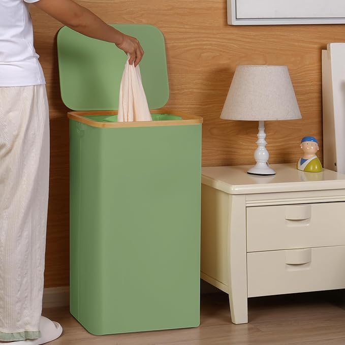 efluky 26 Gal Laundry Basket with Lid and Net Bag, Tall Laundry Hamper with Bamboo Handles, Aesthetic Dirty Clothes Bin for Laundry Room, Bathroom, Bedroom and Dorm, Green